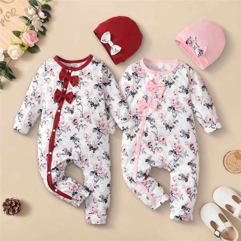Long Sleeve Flower Bodysuit Costume Lovely Baby Spring Jumpsuit Outfit with Hat