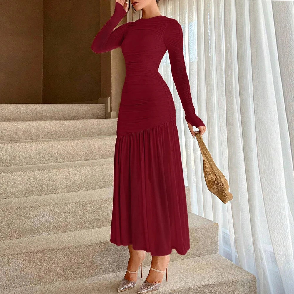 Women's Dresses Elegant French Fringe Waist In Design Long Sleeve Crew Neck Dres