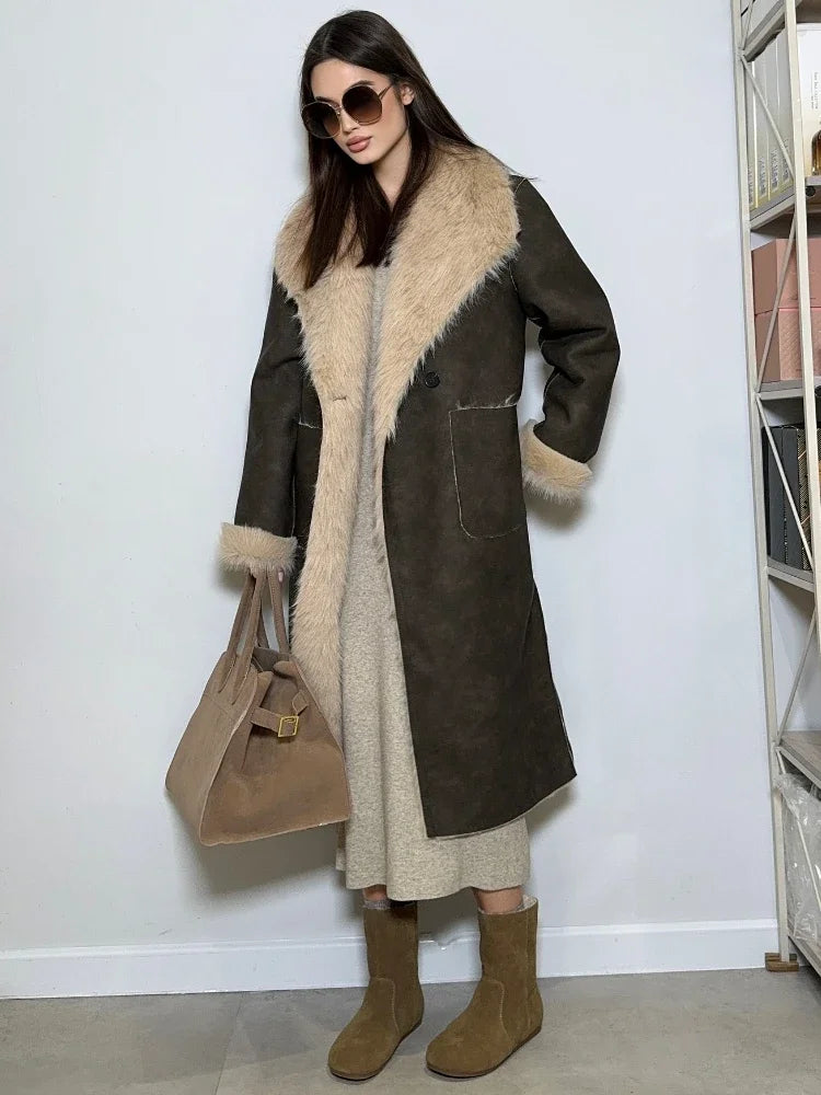 Women's Faux Fur Warm Coat Double-sided Wear Loose Lapel Long Sleeve Single Button Pocket Casual Overcoat Winter Chic Coat