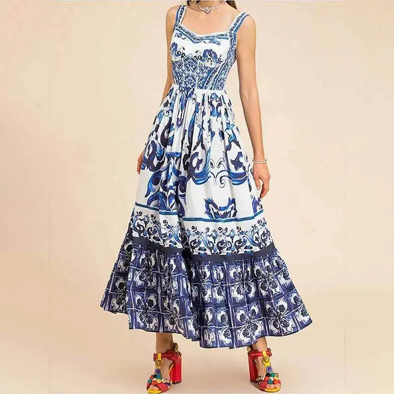 Women's Fashion Bohemian Elegant Light Luxury Mid length Printed Strap Dress
