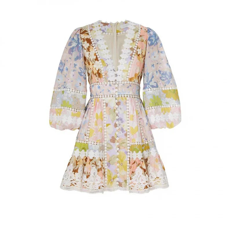 Floral Linen Elegant Short Dress
