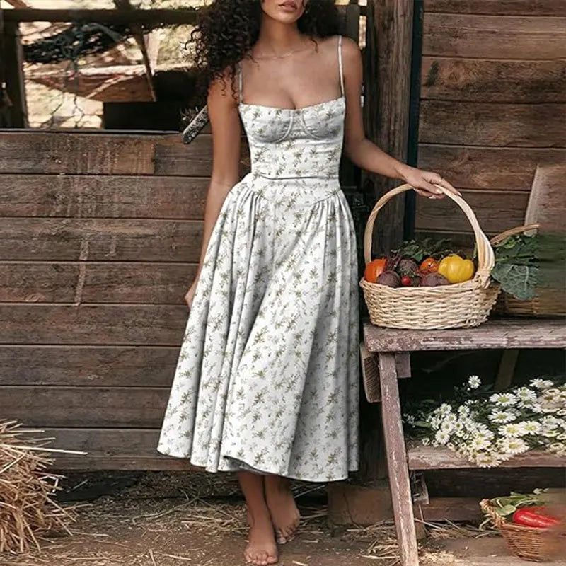 Sexy Spaghetti Strap Long Dresses Slim French Vintage Elegant Style Dress