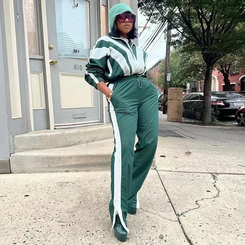 Women Zipper Coat Side Striped Jogging Pants Matching Set Autumn Workout Activewear Sport Tracksuit