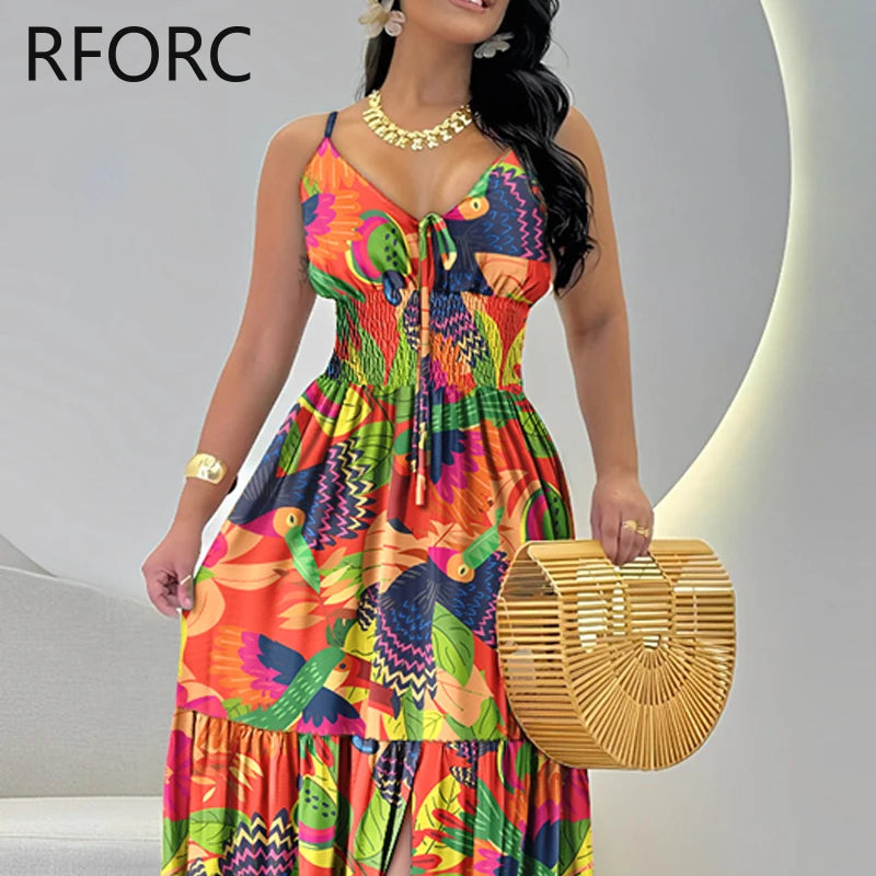 Women Spaghetti Straps Ruffle Hem Silt Maxi Dress