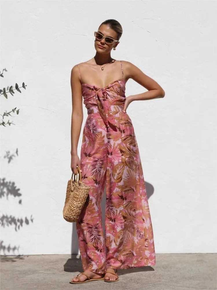 Summer New Print Spaghetti Strap jumpsuits Women Sexy Low Cut Bowknot Bowknot High Waist Wide Leg Jumpsuit Vacation Style Female