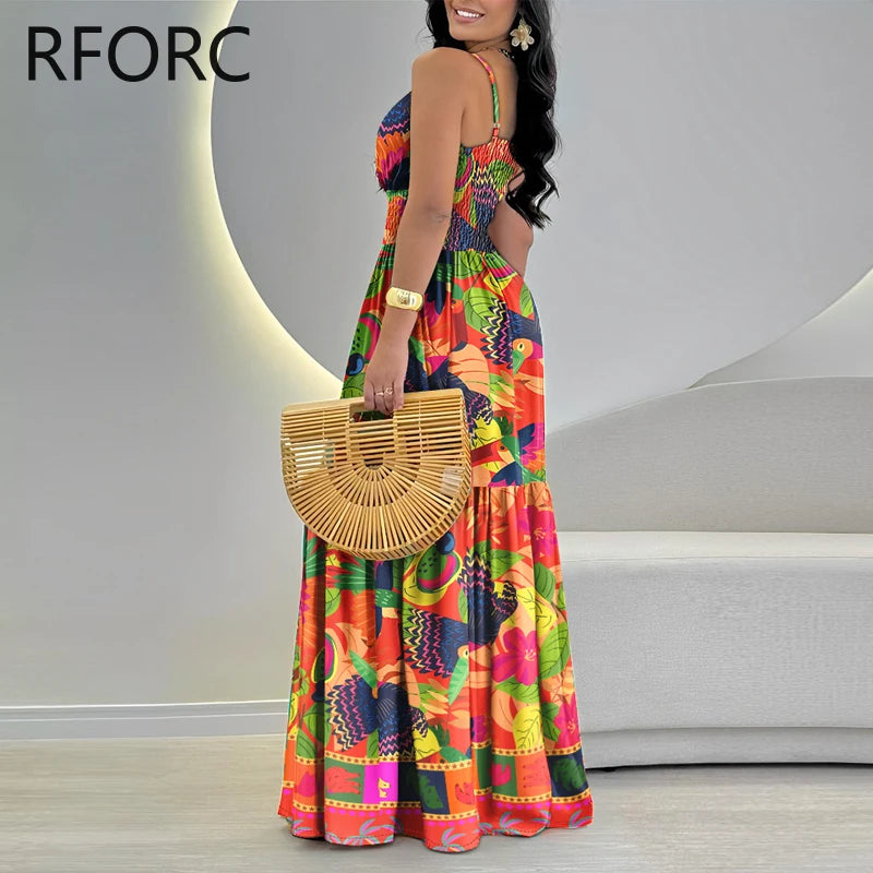Women Spaghetti Straps Ruffle Hem Silt Maxi Dress