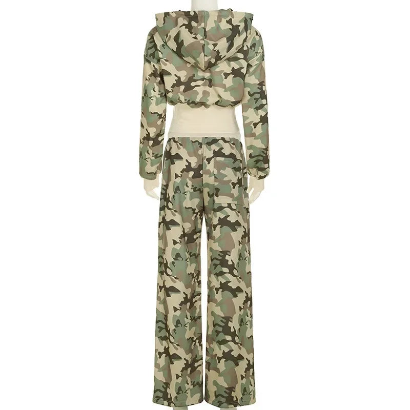 Women Camouflage Hooded Hoodie Sweatpants Casual Long Sleeve Zipper Jacket Hip Hop Sweatshirt Autumn Winter Y2K Streetwear Pants