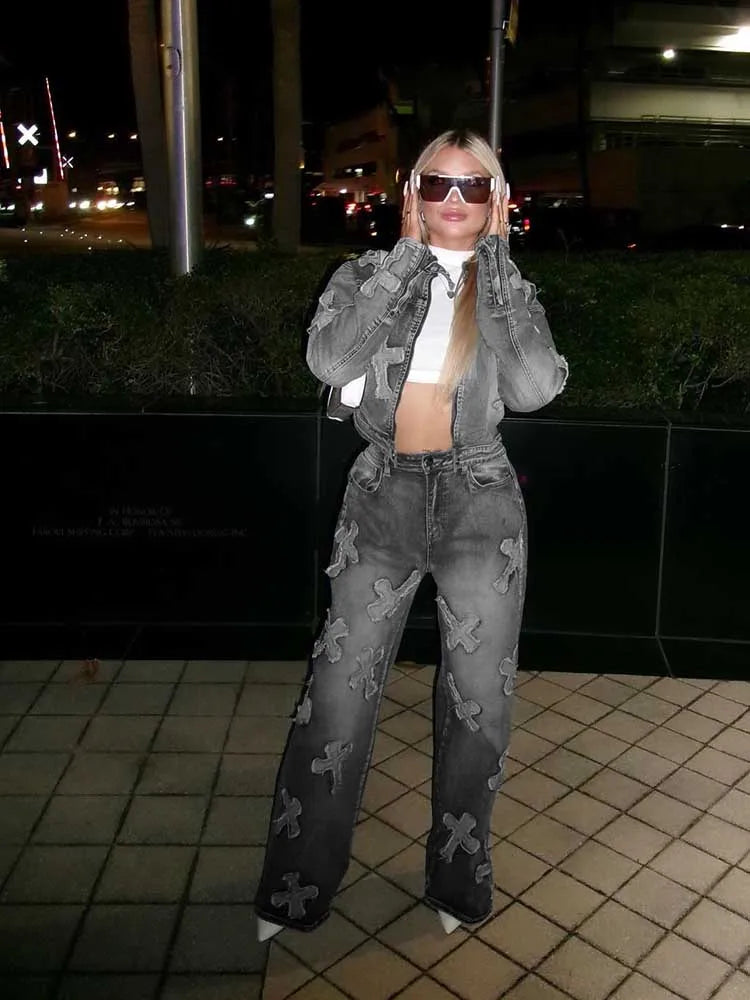 Women's Long Sleeve Jacket and Straight Trouser Casual 2 Piece Denim Sets