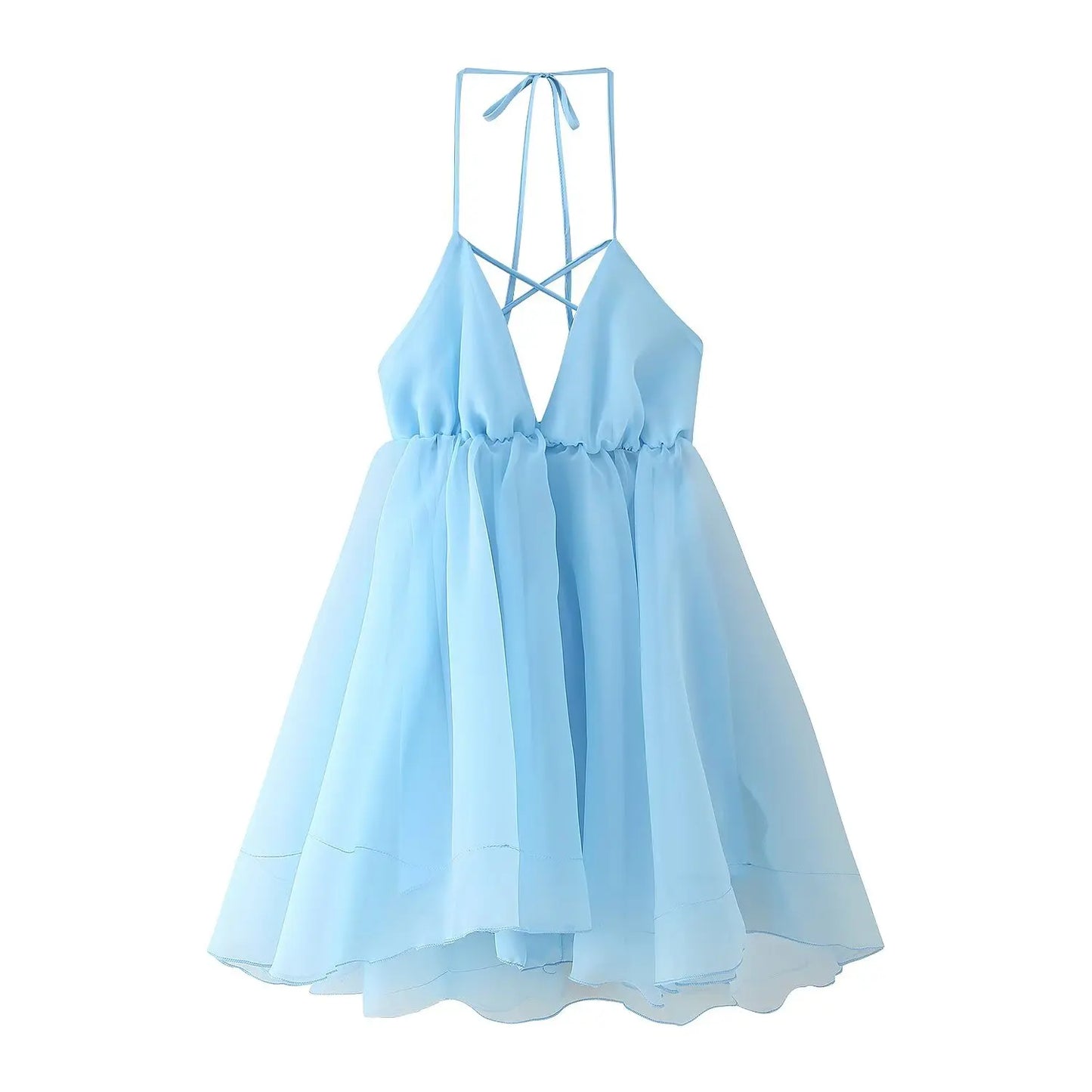 Airy Pleated Hem Sleeveless Backless Lace-Up Mini Dress