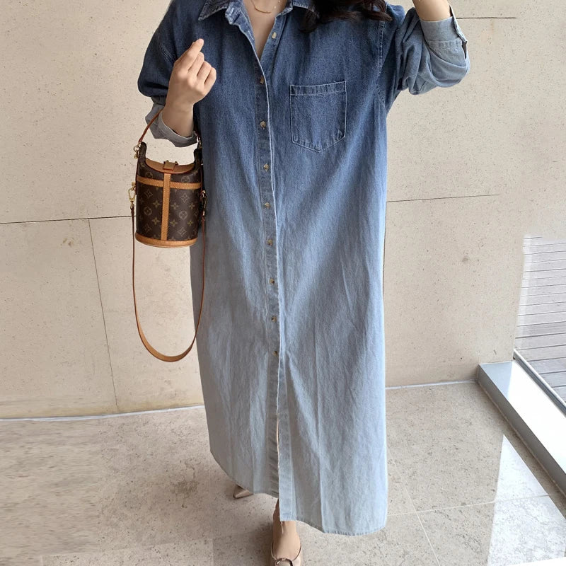Chic Gradient Ombre Design Loose Long Sleeve Denim Dress