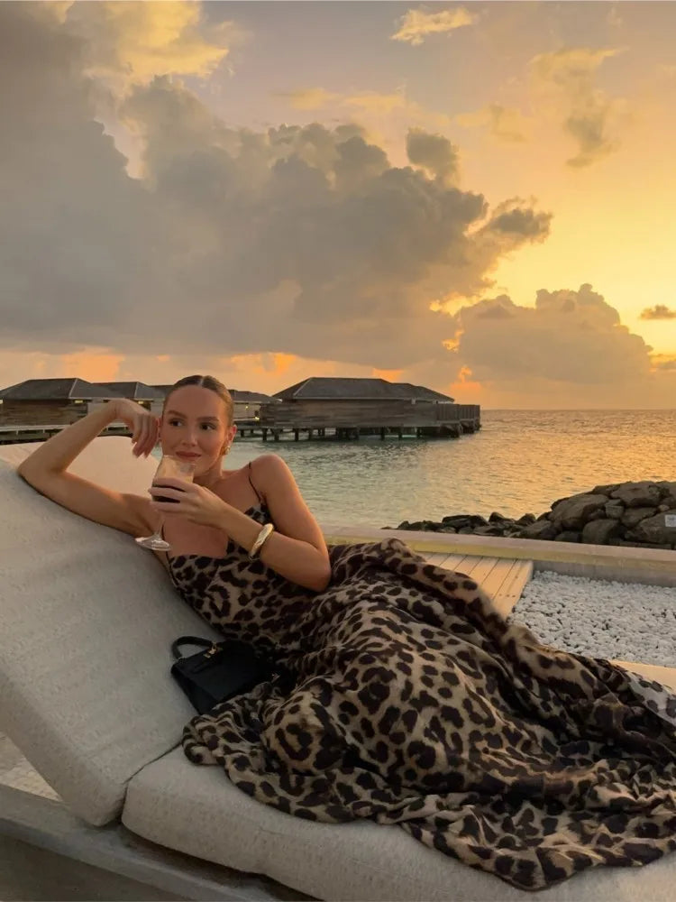 Elegant Leopard Slip A-line Long Luxe Slip Maxi Dress