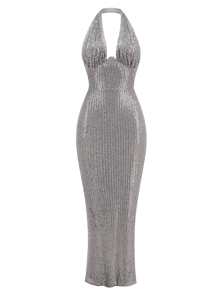 Halter Deep V Neck Sequins Green Sleeveless Backless Sequined Slim Long Maxi Dress