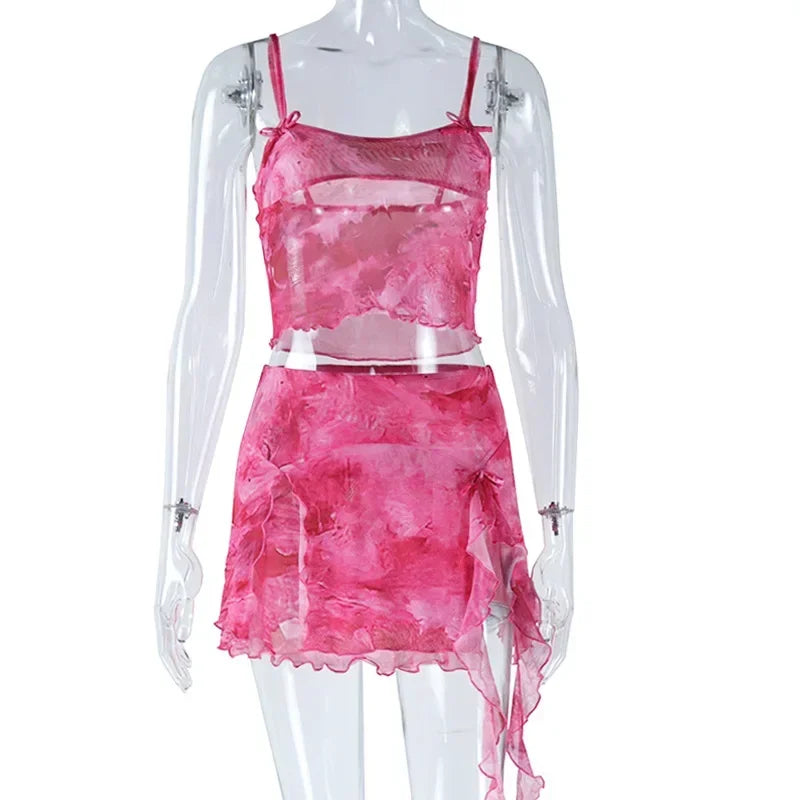 Ueteey Mesh Two Piece Skirt Sets Sexy Outfits Women Printed Camisole Vest + Ruffles Split Mini Skirts Suit Beach Vocation 2024