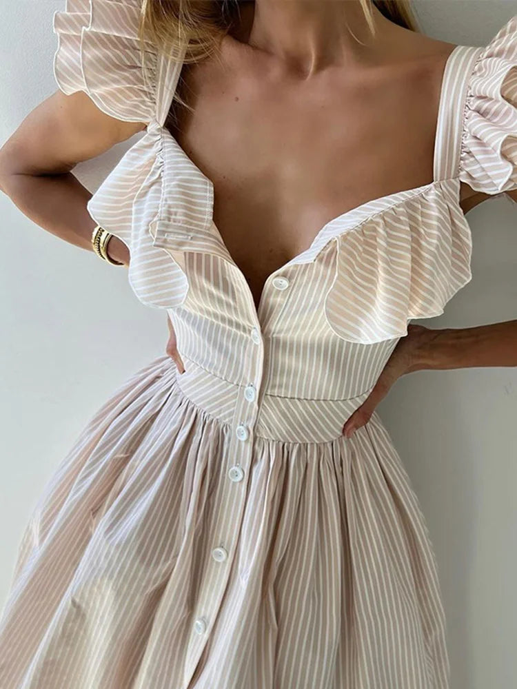 Flying Sleeves Striped Long Dresses Woman Elegant Single Breasted A-Line Robes Female Chic High Waist Summer Lady Robes Holiday