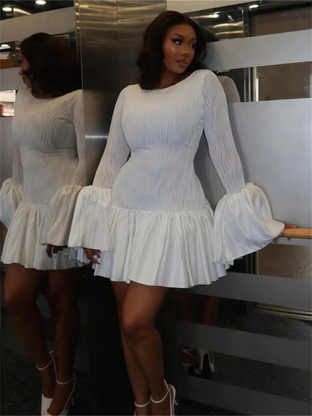 Women Autumn Flared Full Sleeve Solid Elegant Ruffles Hem Zipper Stretch
