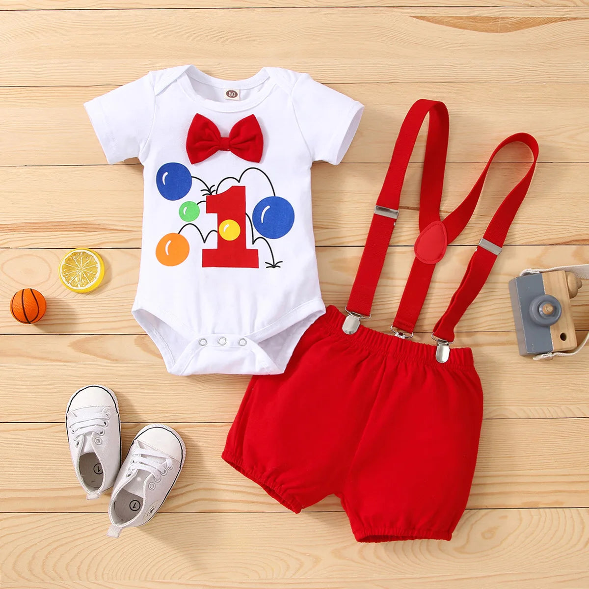 Baby Boys Birthday Outfits Sets Balloon Letter"1" Bodysuit and Y-back Suspender Shorts 1 Year Birthday Baby