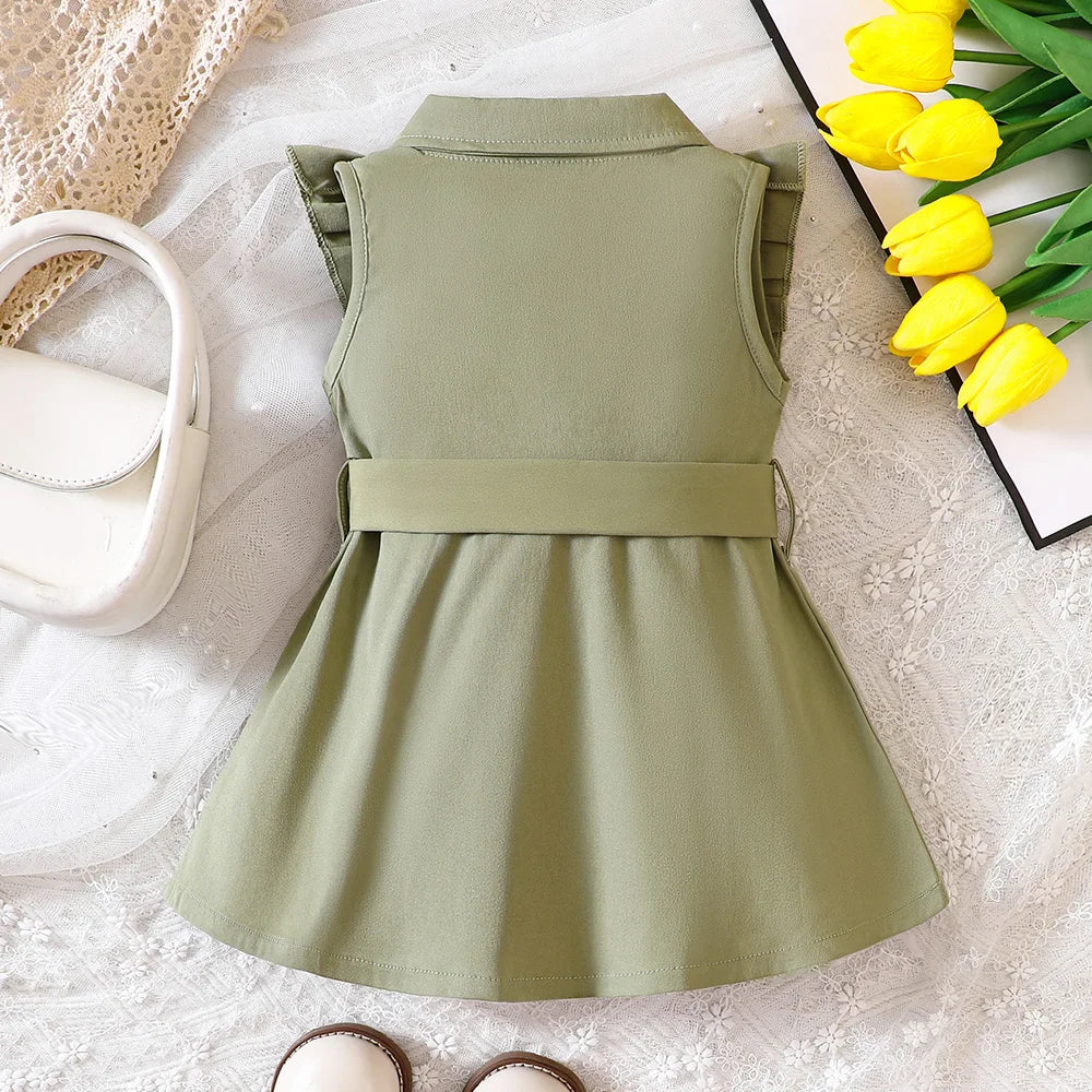 Kids Girls Retro Solid Color Trench Belted Dress