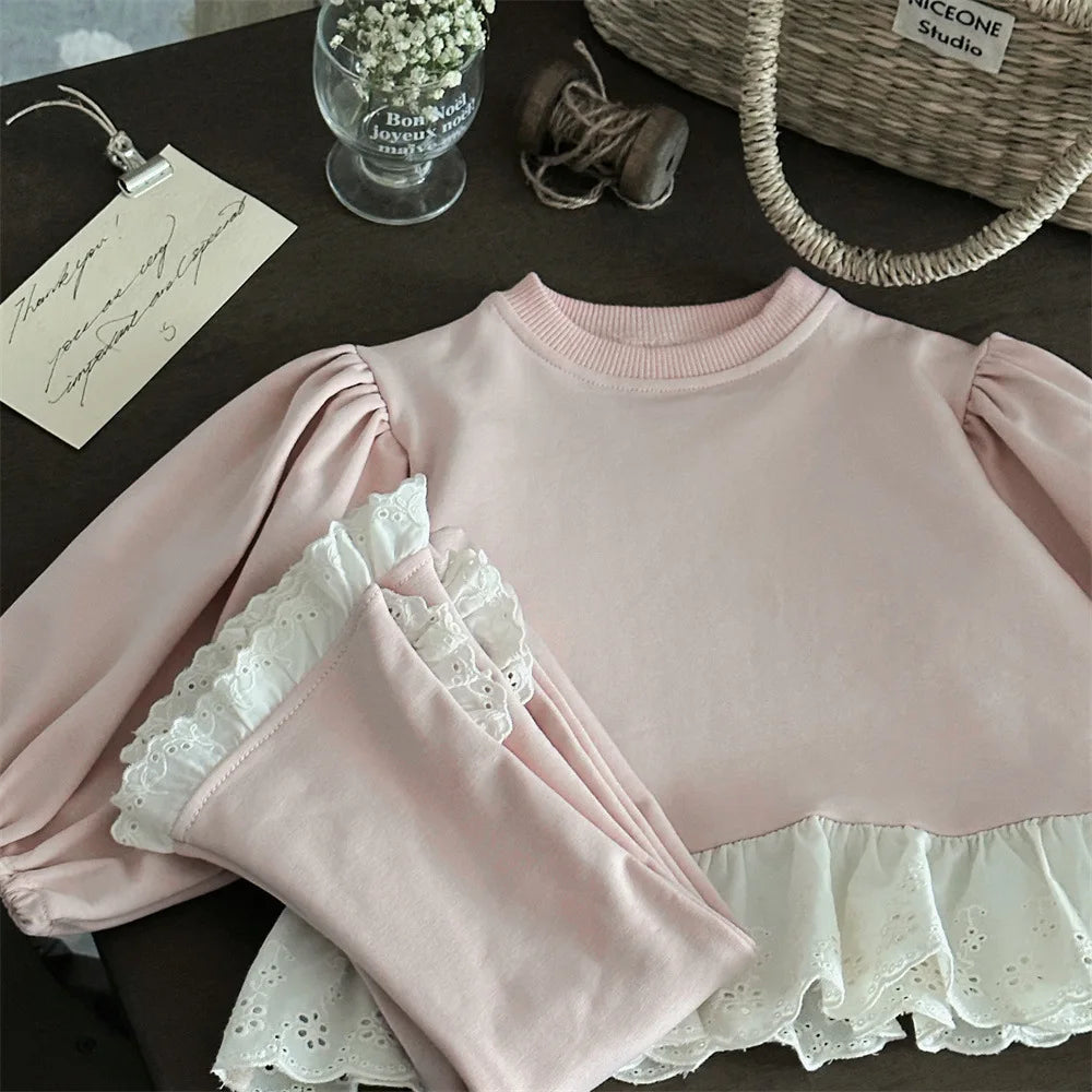 BabyGirl Long Sleeve Clothes Set Cute Lace Sweatshirt And Pants Suit Infant