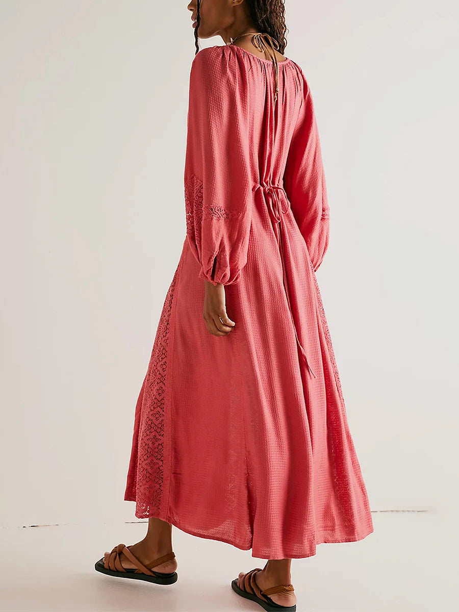 Women Long Dress Long Sleeve Dress V-Neck Lace Patchwork Loose Swing Dress