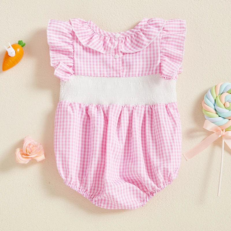 Easter Baby Girl Clothes Short Sleeve Ruffle Collar Bunny Embroidery Jumpsuit Playsuit