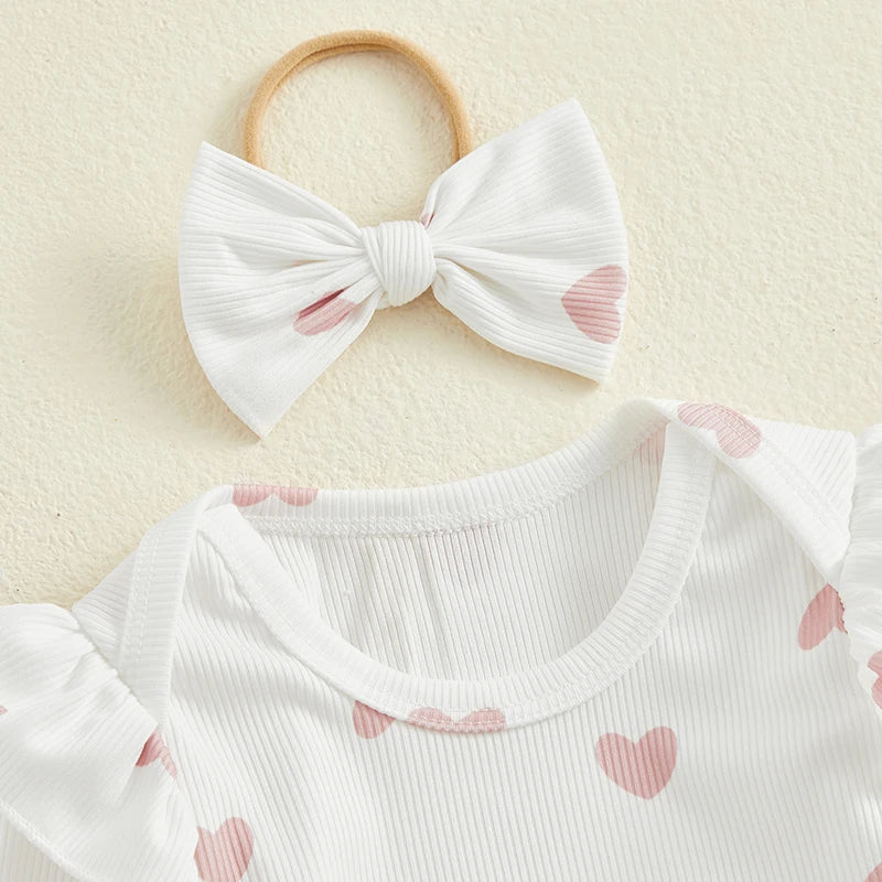 Valentine's Day Infant Baby Girls Outfits Heart Print Romper + Suspender Skirt + Headband Set Clothes