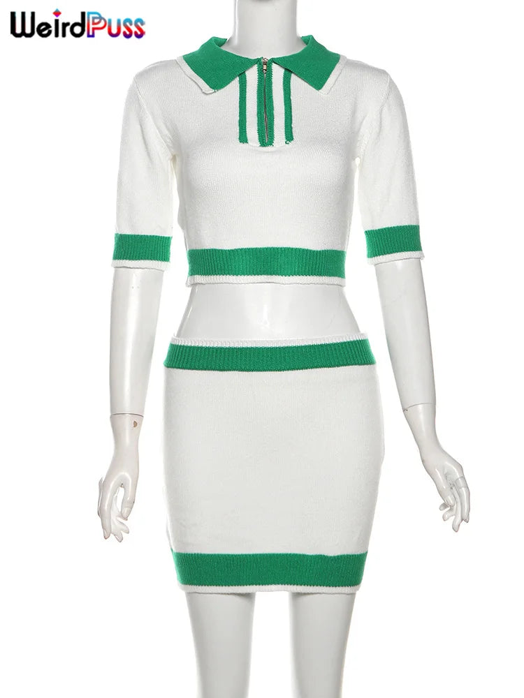 Polo Neck Short Sleeve Crop Tops+Skirts Matching Streetwear Outfits