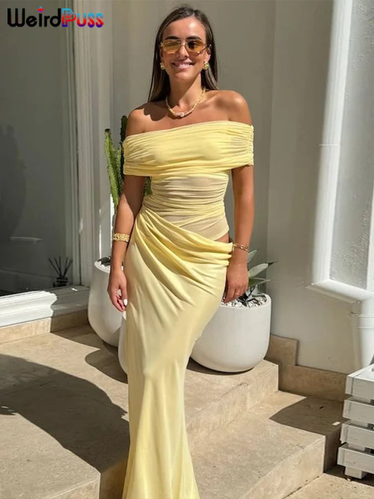 Elegant Long Bodycon Velour Muse Ruched Mesh Maxi Dress