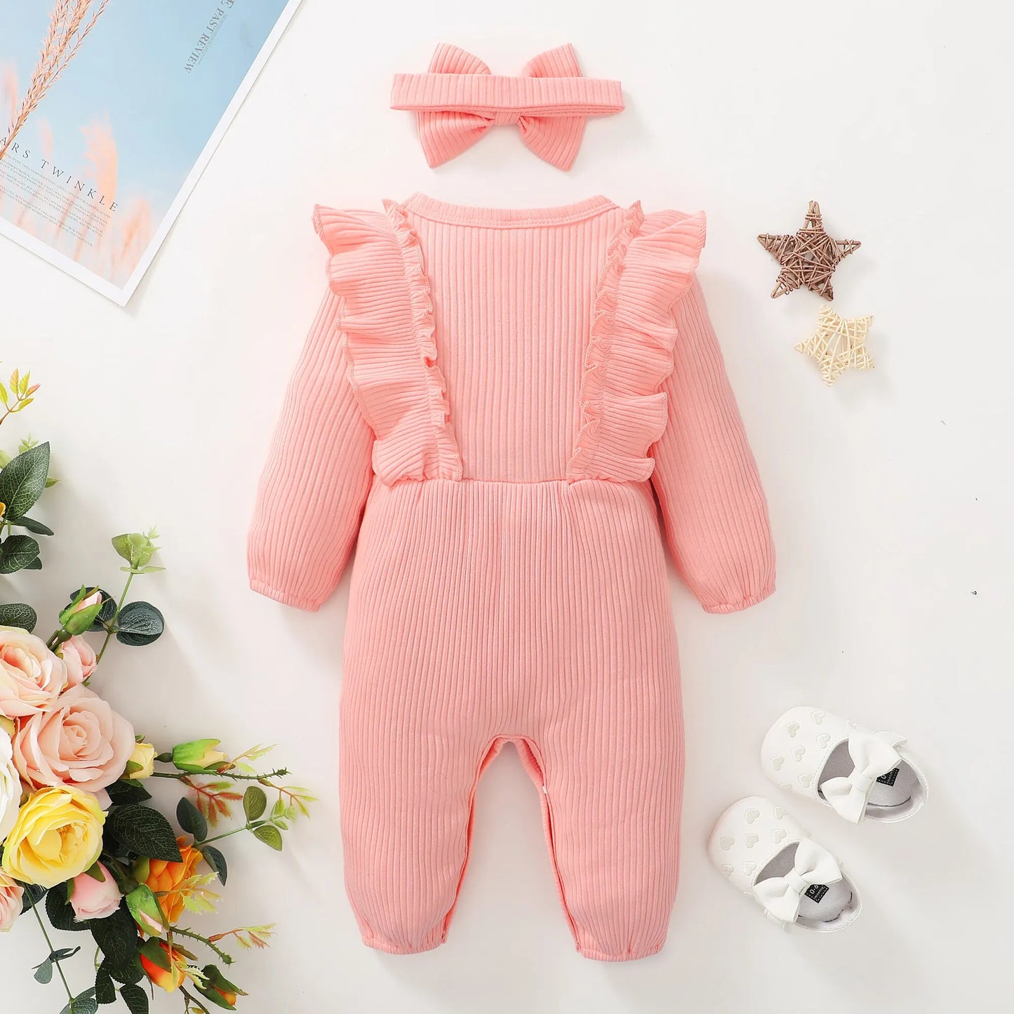 Newborn Baby Girl Romper Long Sleeved Ruffle Bodysuit with Headband Onesie Outfit