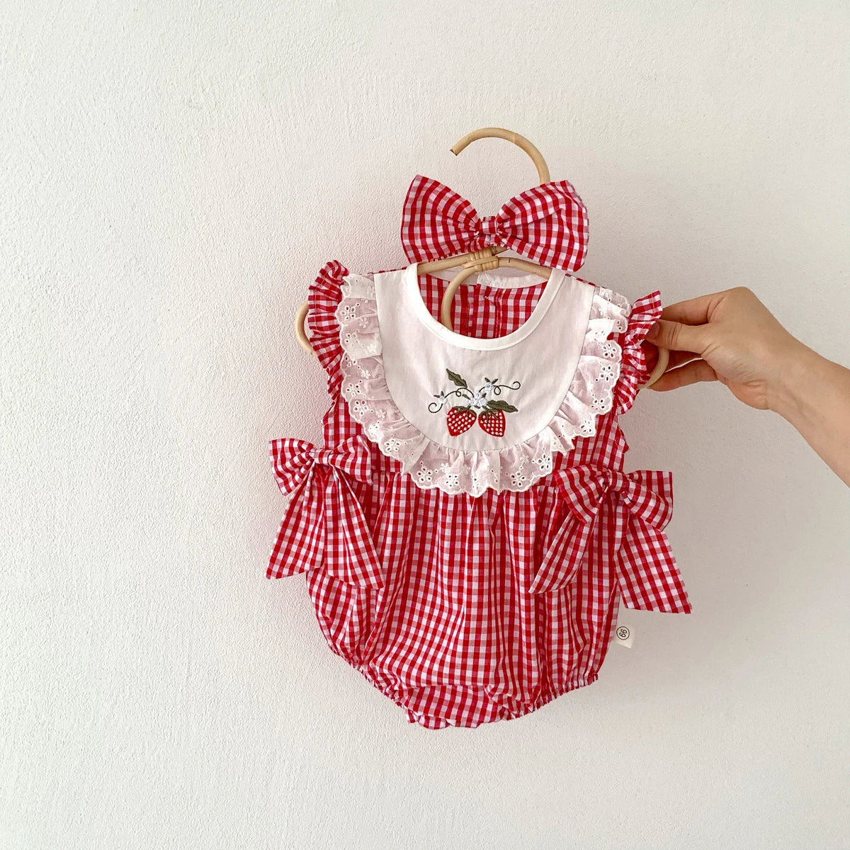 Baby Girls Romper+Headband Newborn Red Plaid Strawberry Embroidery Onesies