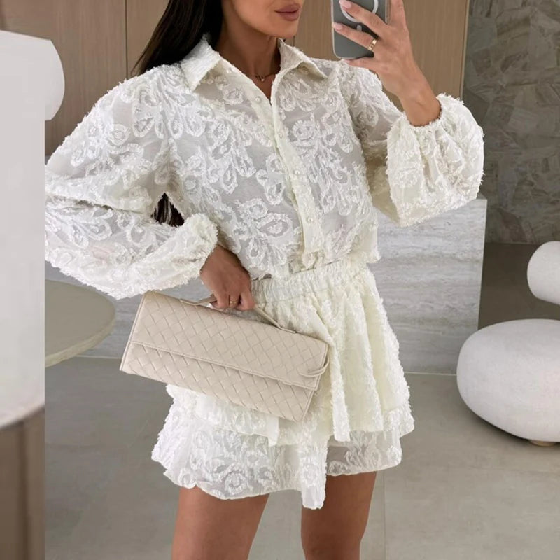 Fashion Lapel Button Shirt and Shorts Suit Casual Long Sleeved Beach Outfit 2025 Summer Lace Ruffle Loose Women's Two Piece Set