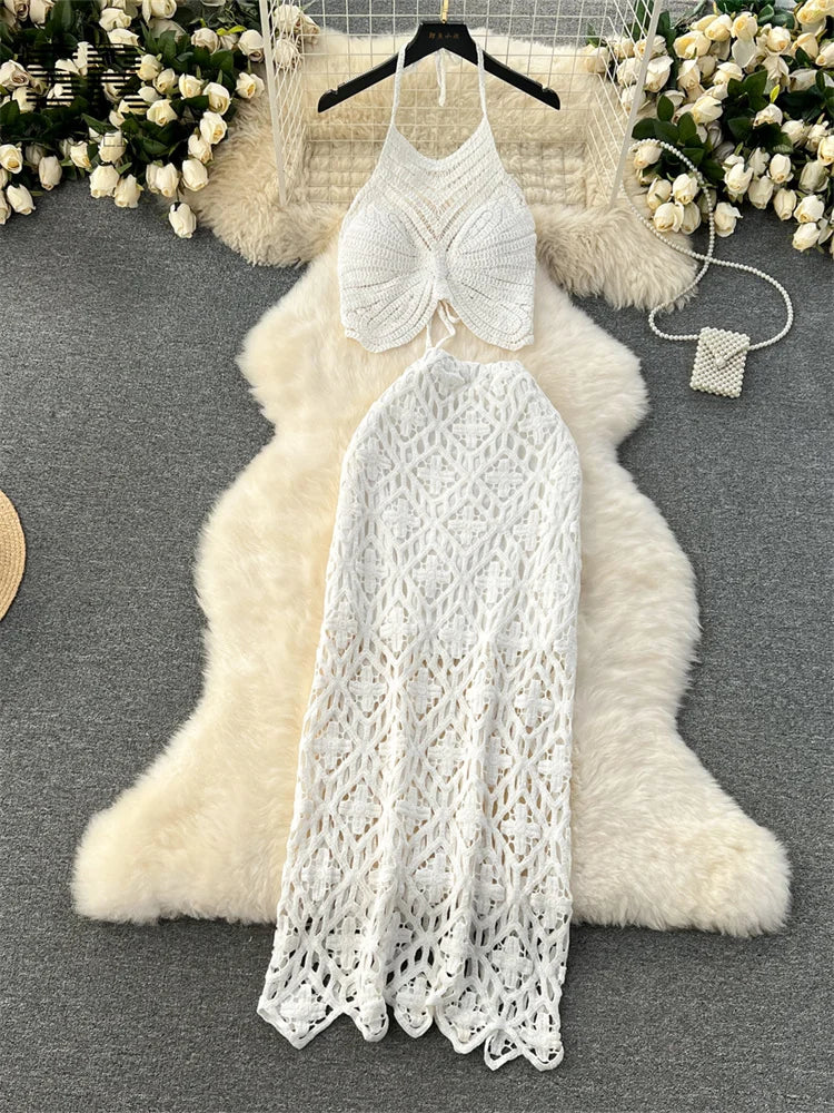 SINGREINY Vacation Two Piece Set Women Backless Camisole Halter Hollow Out Elastic Waist Long Skirt Summer Casual Knit Suit