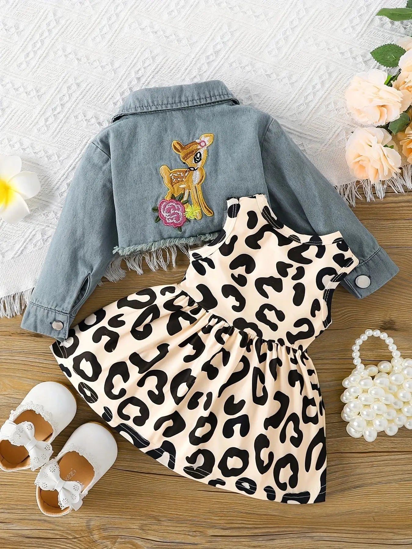Baby Girl Sleeveless Fawn Print Dress Denim Embroidery Long Sleeve Jacket