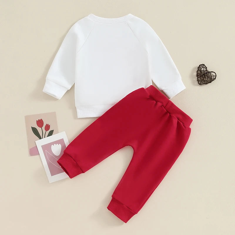 Valentine's Day Infant Baby Boys Pants Set Long Sleeve Letters Print Sweatshirt Elastic Waist Pants Outfit Suit