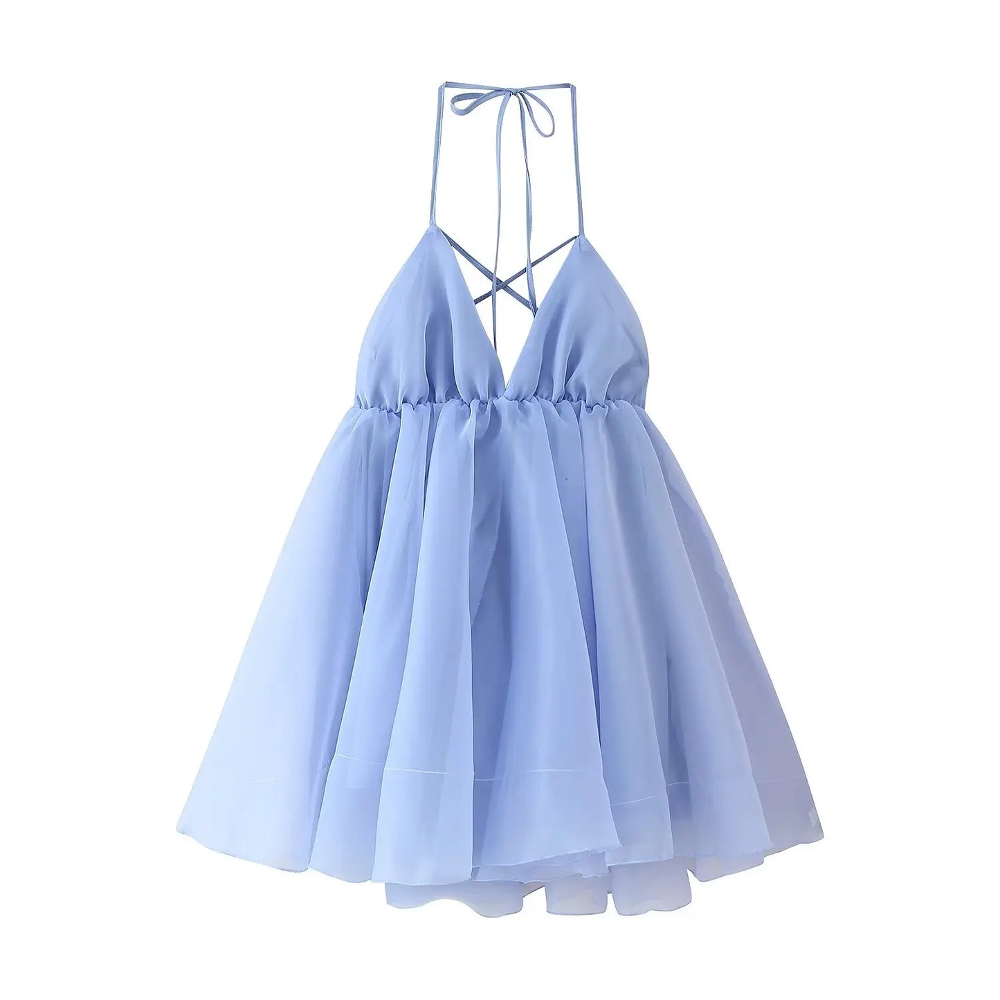 Airy Pleated Hem Sleeveless Backless Lace-Up Mini Dress
