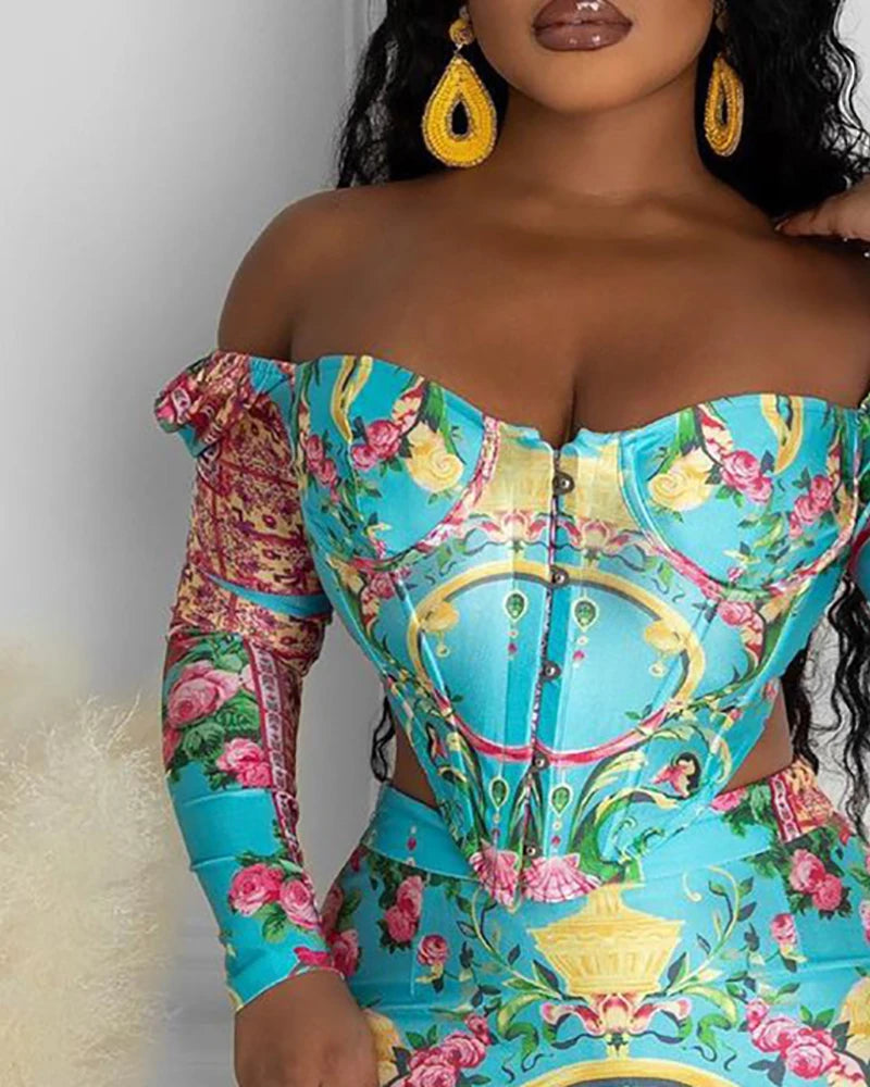 Women's Casual Cold Shoulder Long Sleeve Skirt Set Asymmetrical Mini Sexy Bodycon All over Print Outfit for Various Occasions