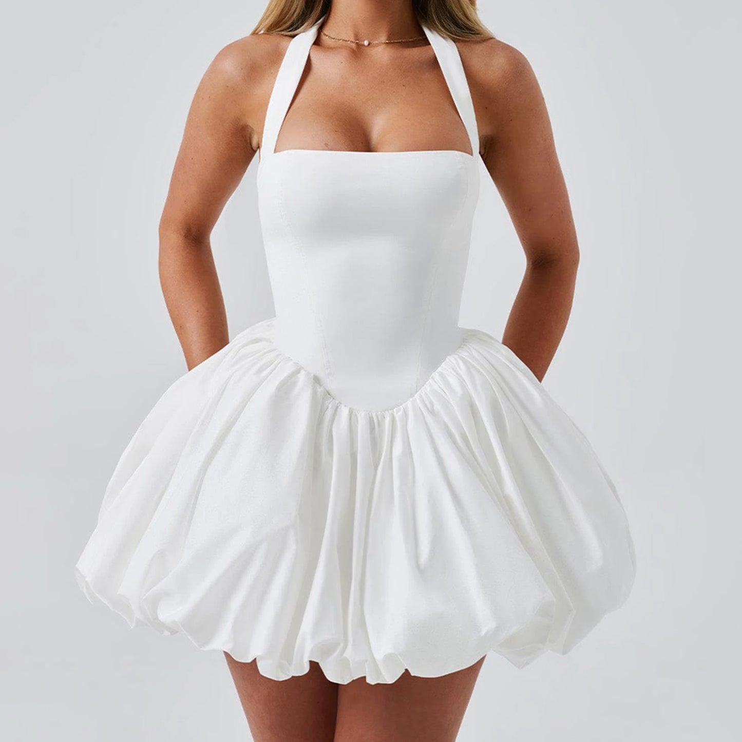 Women Mini Solid Halter Neck Bubble Kawaii Tie Up A Line Dress