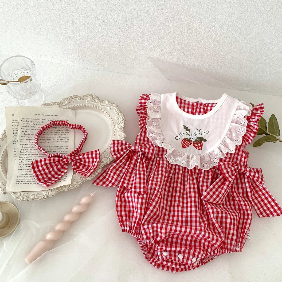 Baby Girls Romper+Headband Newborn Red Plaid Strawberry Embroidery Onesies