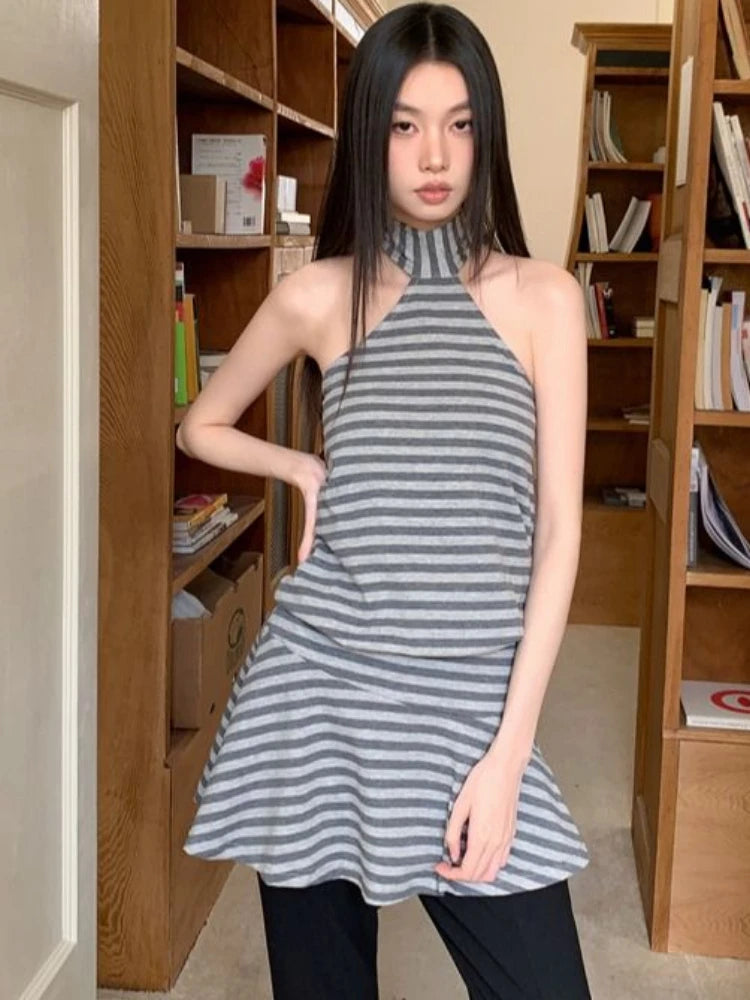 Bandage stripes Halter Ruffle Mini Dress