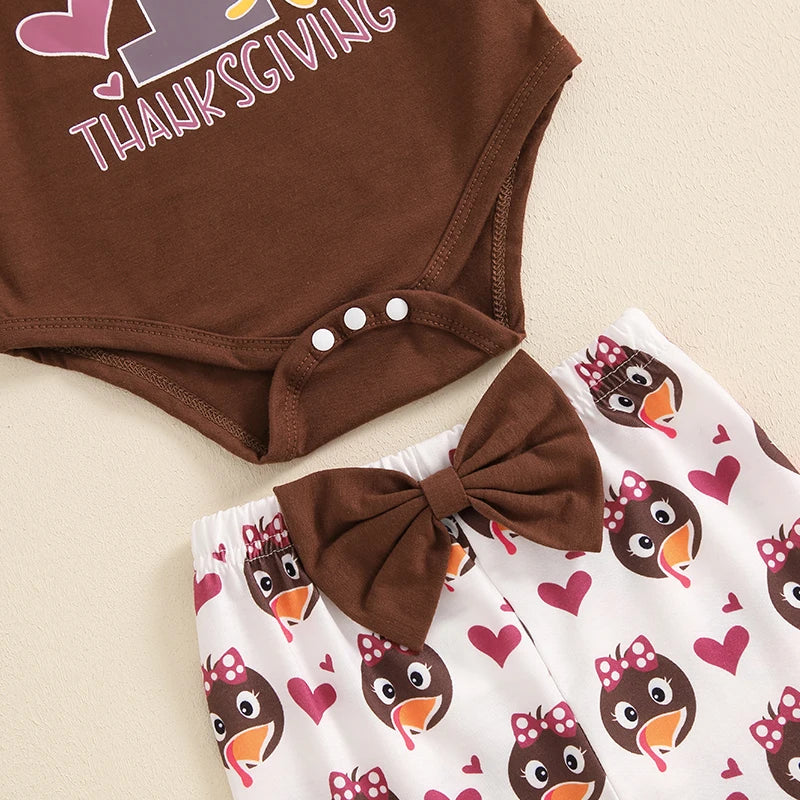 Baby Girl Turkey Print Long Sleeve Romper Flared Pants Bow Headband