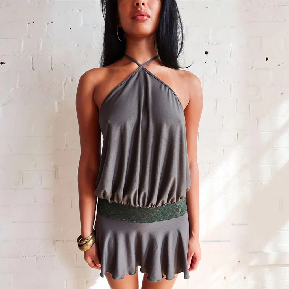 Lace Mirage Halter Sleeveless Mini Dress