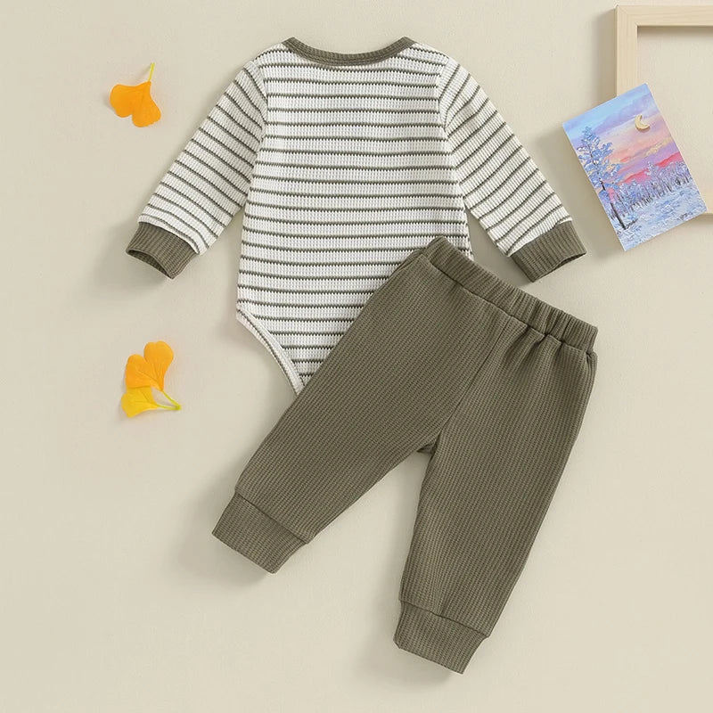 Newborn Baby Boy Girl Fall Winter Clothes Waffle Knit Striped Romper Long Pants Set Home Outfit