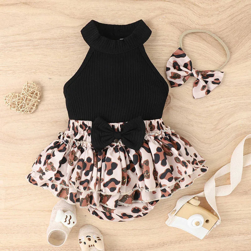 Baby Girls Hanging Neck Sleeveless Vest+Leopard Print Bow Shorts+Headband