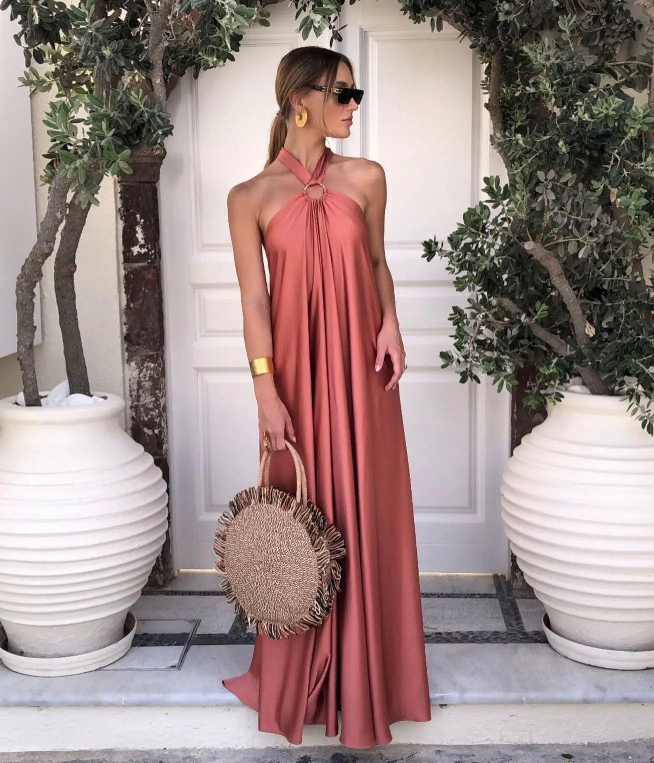 Sunset Whispers Satin Swing Maxi Dress
