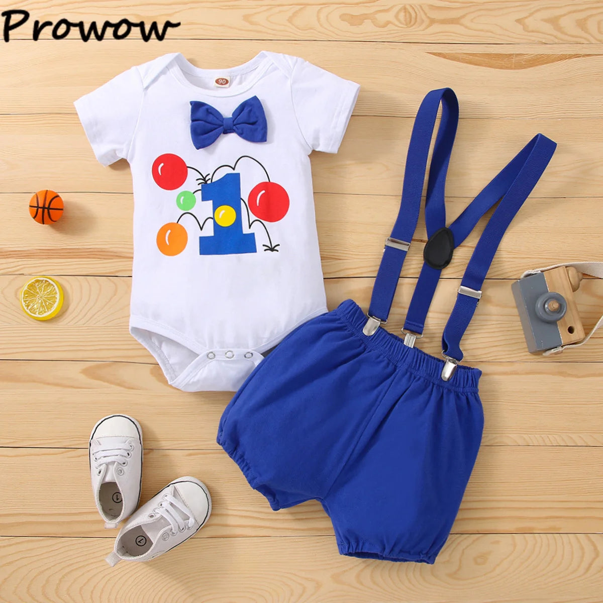 Baby Boys Birthday Outfits Sets Balloon Letter"1" Bodysuit and Y-back Suspender Shorts 1 Year Birthday Baby