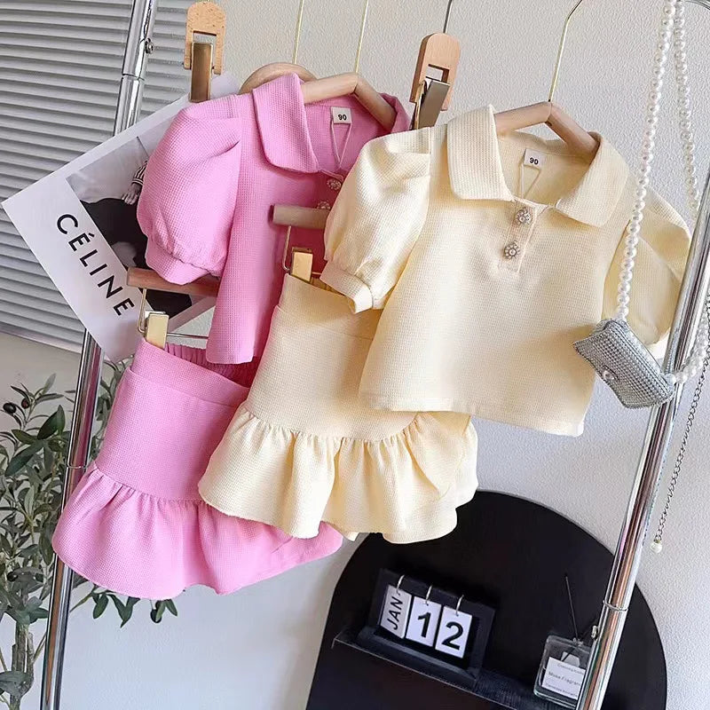 Puff Sleeves Turndown Collar Kid Girls Polo Shirt Irregular Lace Hem Skirt Sweet Suit