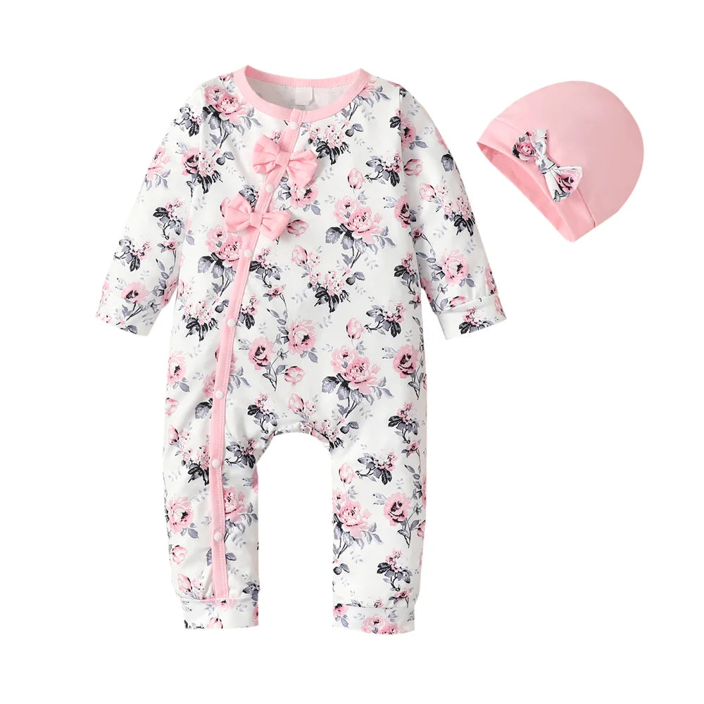 Long Sleeve Flower Bodysuit Costume Lovely Baby Spring Jumpsuit Outfit with Hat