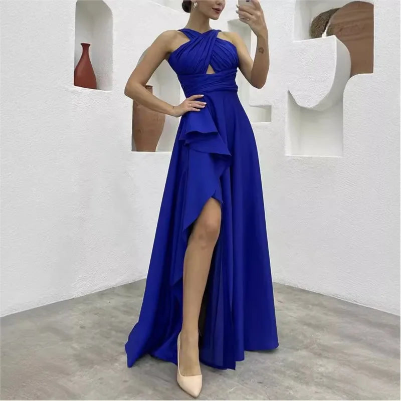 Elegant Fashion Sleeveless High Waist Hollow Out Ruffle Slit Dress