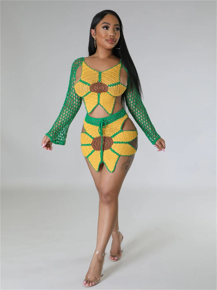 Crochet Sunflower Backless Hollow Tops+Skinny Skirt Beach Party Summer Trend Matching Suits