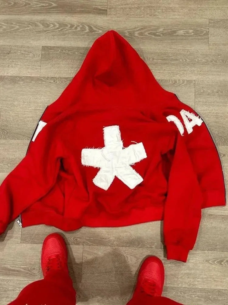 Y2K Hoodie Letter Patch Printed Zippered Hooded Sweatshirt Street Hip-hop Long Sleeved Cardigan Jacket Top Men Women's Clothing