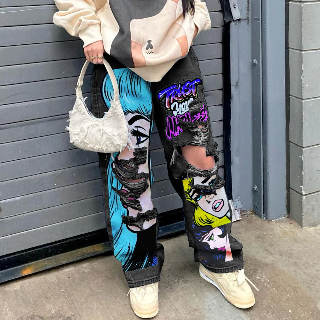Women's 2023 New Street Fashion INS Network Red American Individualized Girls' Graphic Print Perforated Beggar Denim Pants